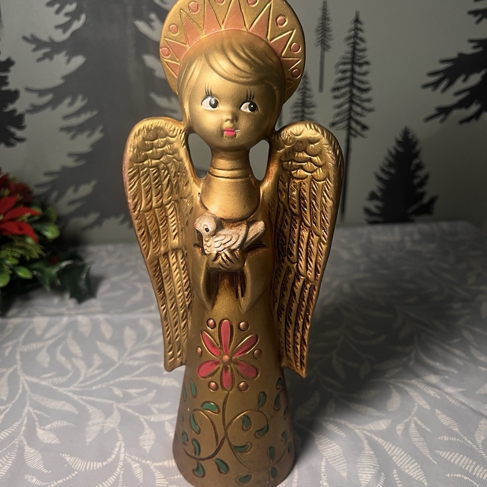 Vintage Holt Howard Gold Christmas Angel 10" MCM Pink Flower Dove Paper Mache